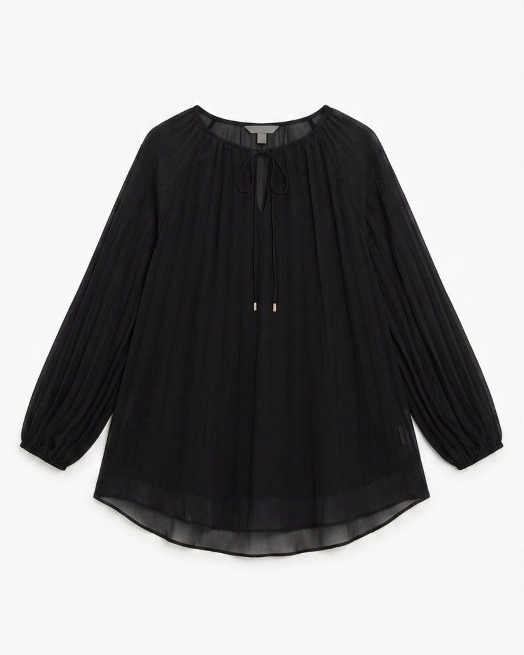 A black long-sleeve blouse with a pleated texture, gathered cuffs, and a drawstring tie neckline, shown flat against a light gray background.