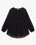 A black long-sleeve blouse with a pleated texture, gathered cuffs, and a drawstring tie neckline, shown flat against a light gray background.