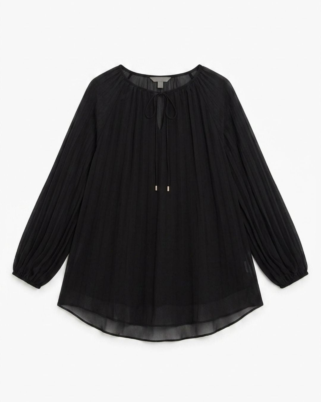 A black long-sleeve blouse with a pleated texture, gathered cuffs, and a drawstring tie neckline, shown flat against a light gray background.