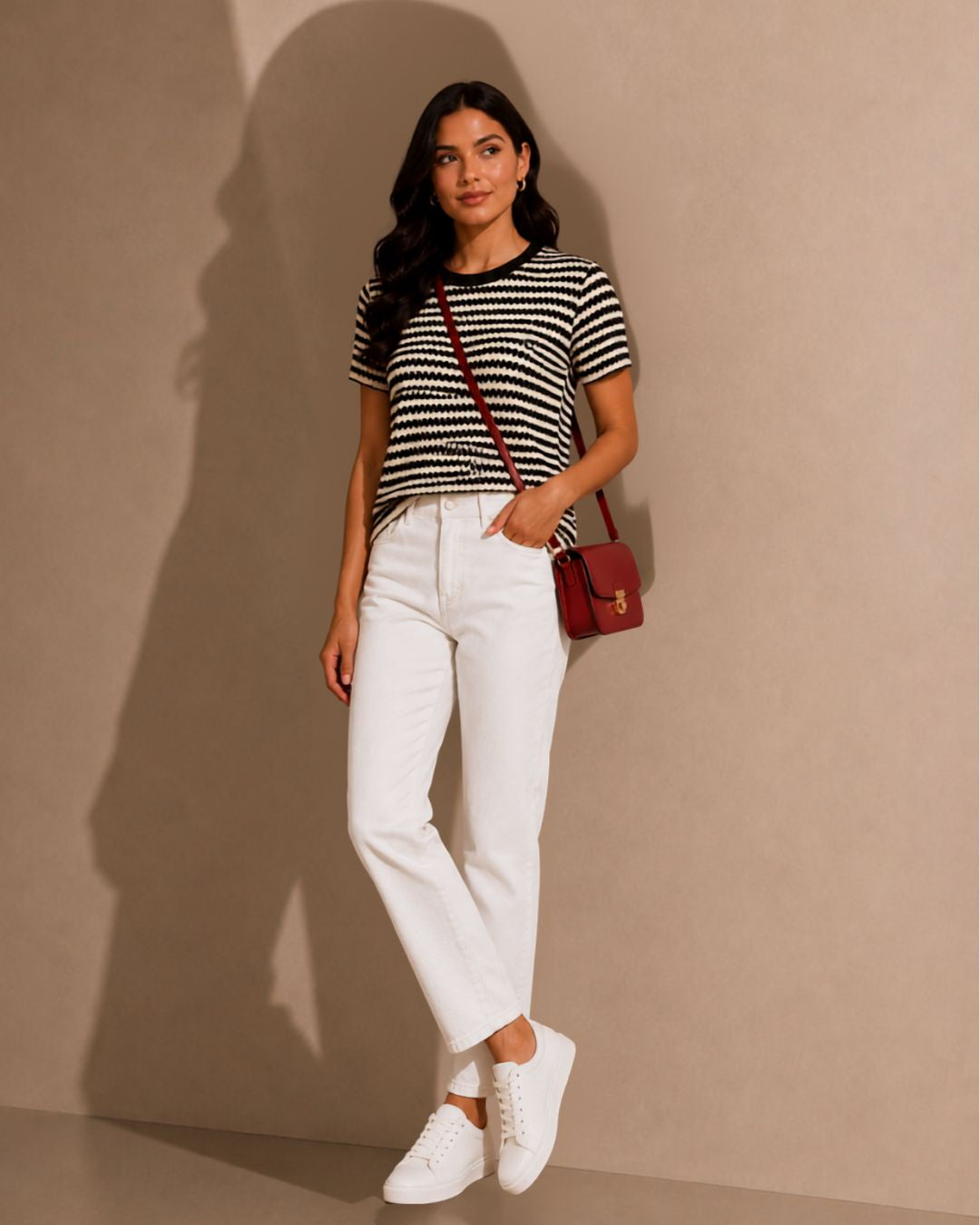 A woman stands against a beige wall wearing a black and white horizontally striped short-sleeve top, white straight-leg jeans, white sneakers, and carrying a small red crossbody bag.