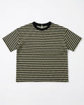 A short-sleeve knit t-shirt with horizontal black and beige wavy stripes, featuring a solid black crew neck collar, laid flat against a light gray background.