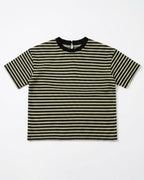 A short-sleeve knit t-shirt with horizontal black and beige wavy stripes, featuring a solid black crew neck collar, laid flat against a light gray background.