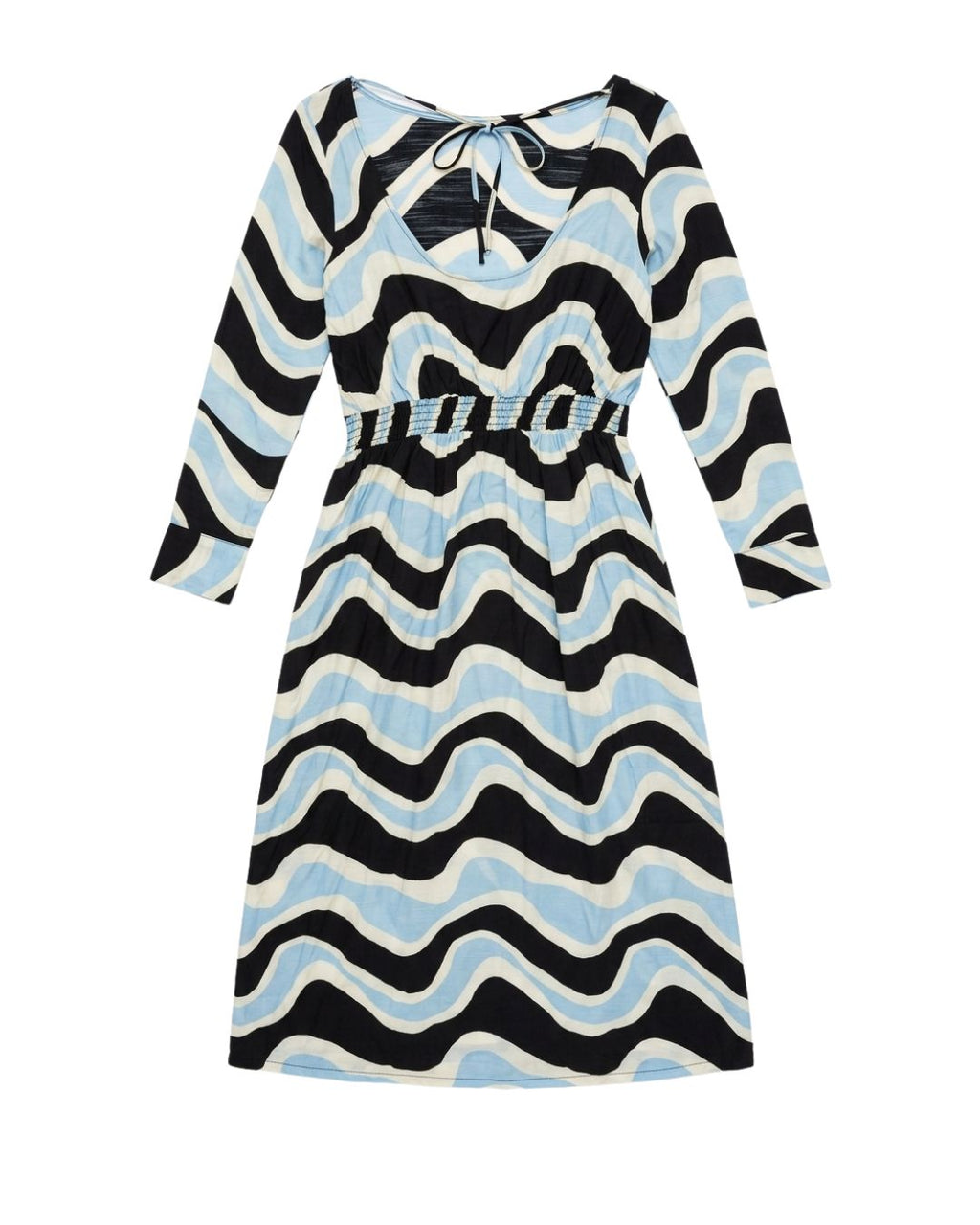A long-sleeve midi dress with a wavy, zig-zag pattern in black, light blue, and cream, featuring a tie-neck detail and a textured waistband.