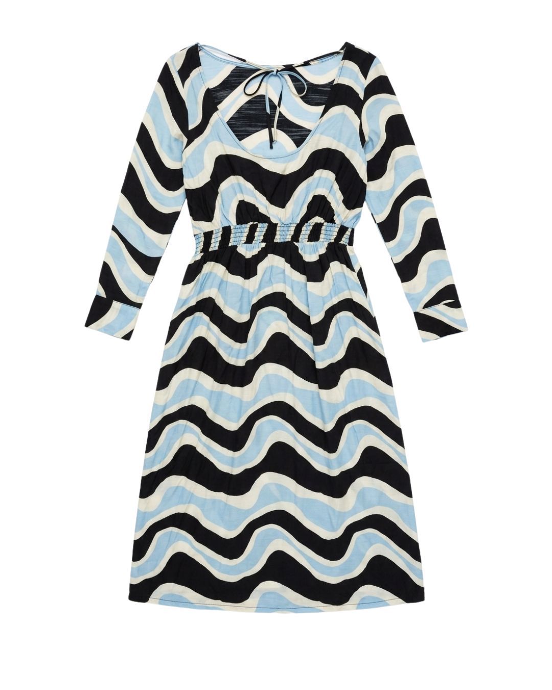 A long-sleeve midi dress with a wavy, zig-zag pattern in black, light blue, and cream, featuring a tie-neck detail and a textured waistband.