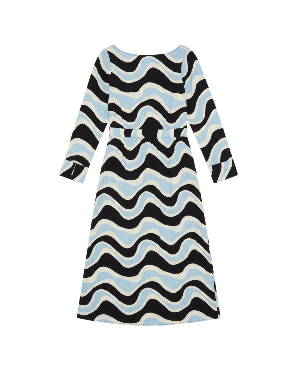 A long-sleeve midi dress with a wavy, zig-zag pattern in black, light blue, and cream,  shown against a plain white background.