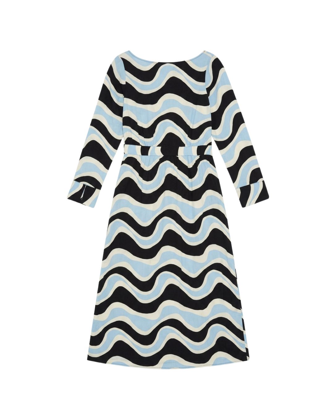 A long-sleeve midi dress with a wavy, zig-zag pattern in black, light blue, and cream,  shown against a plain white background.