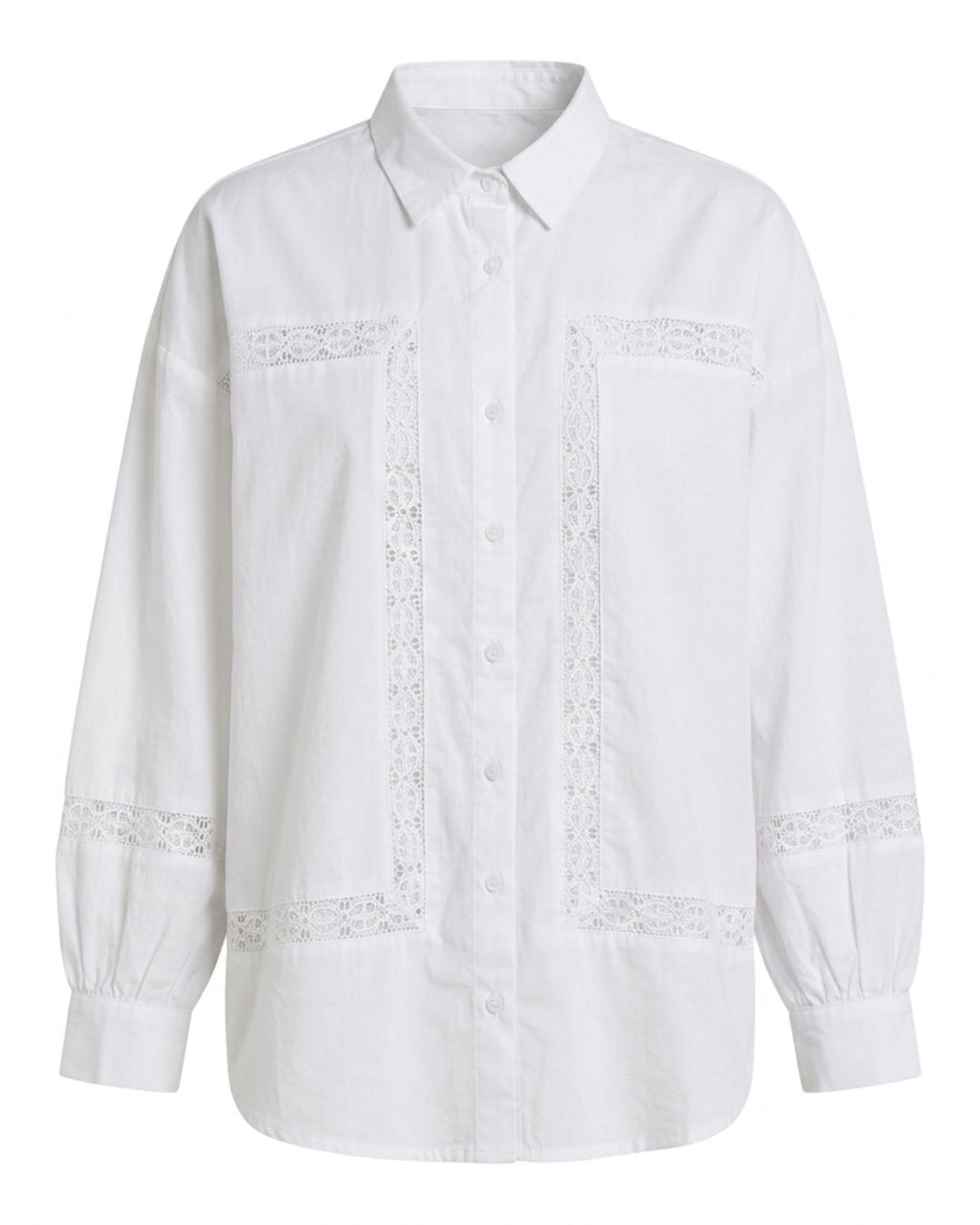 A white long-sleeve button-up shirt with decorative white lace trim outlining the chest pockets and cuffs, shown against a plain white background.