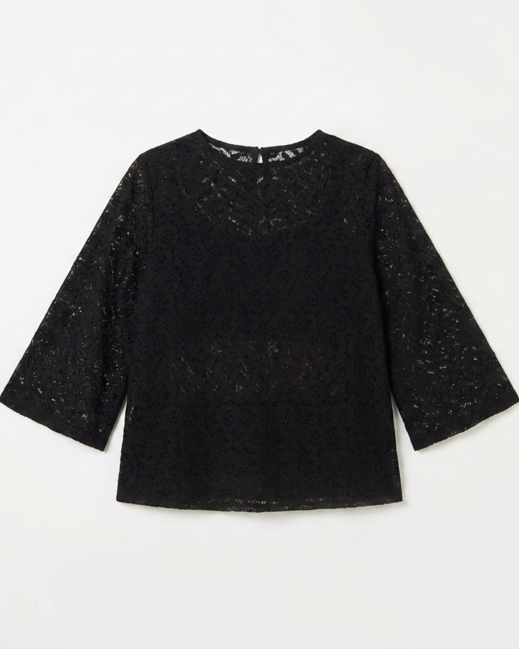 A black lace long-sleeve top with a round neckline, laid flat against a light off-white background.