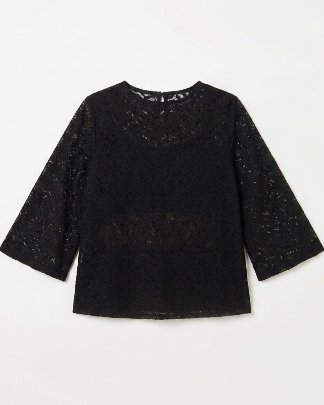 A black lace long-sleeve top with a round neckline, laid flat against a light off-white background.