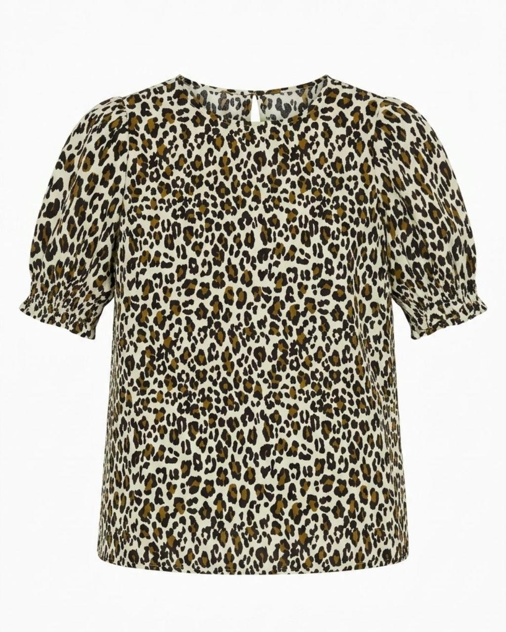 A short-sleeve blouse with a brown, black, and beige leopard print pattern, featuring puff sleeves and a gathered neckline, shown against a plain white background.