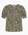 A short-sleeve blouse with a brown, black, and beige leopard print pattern, featuring puff sleeves and a gathered neckline, shown against a plain white background.