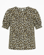 A short-sleeve blouse with a brown, black, and beige leopard print pattern, featuring puff sleeves and a gathered neckline, shown against a plain white background.