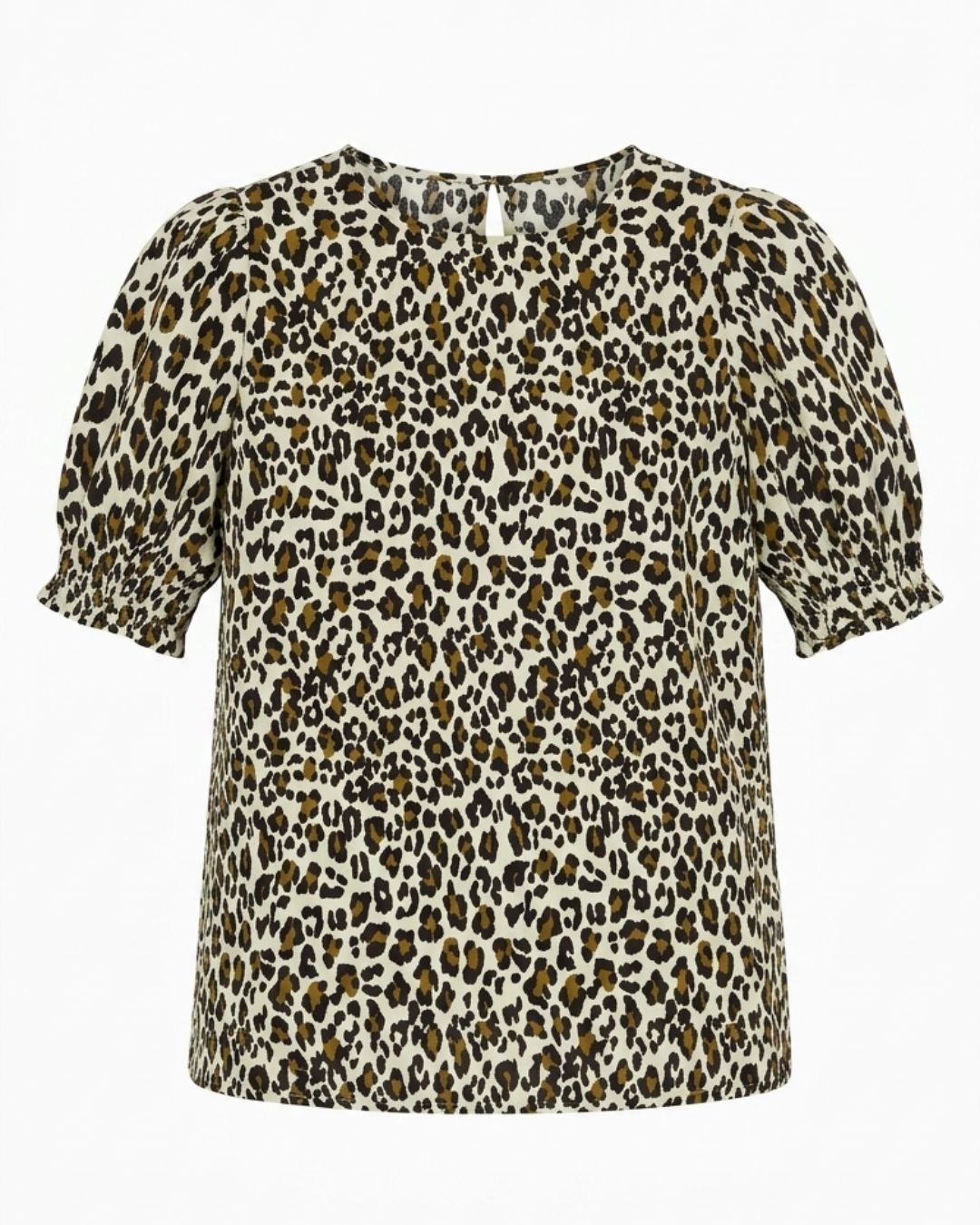 A short-sleeve blouse with a brown, black, and beige leopard print pattern, featuring puff sleeves and a gathered neckline, shown against a plain white background.