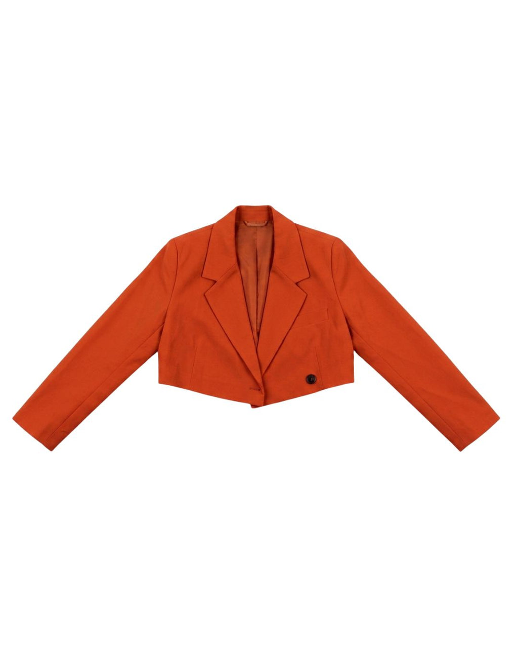 A cropped orange blazer with notched lapels and a single black button, laid flat against a solid white background.
