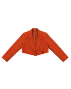 A cropped orange blazer with notched lapels and a single black button, laid flat against a solid white background.