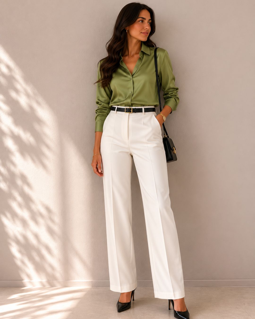 A woman models a stylish outfit consisting of a green satin button-down shirt, white wide-leg trousers, a thin black belt, and black heels, standing against a neutral beige wall with soft leaf shadows.