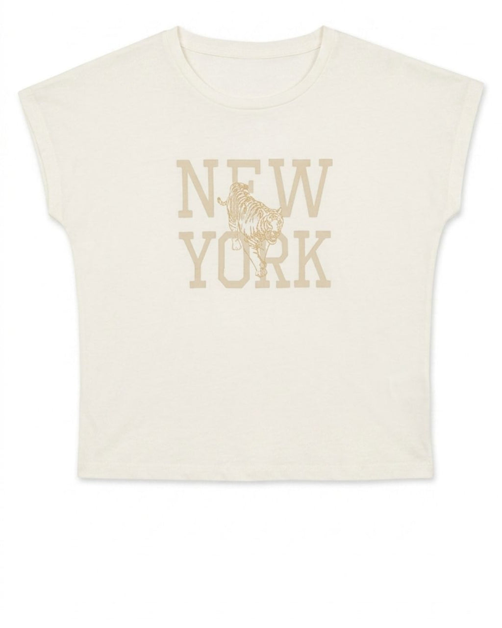 An off-white short-sleeve crop top featuring a distressed tan graphic that reads 'NEW YORK' with a rooster illustration in the center, displayed on a clean white background.