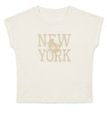 An off-white short-sleeve crop top featuring a distressed tan graphic that reads 'NEW YORK' with a rooster illustration in the center, displayed on a clean white background.