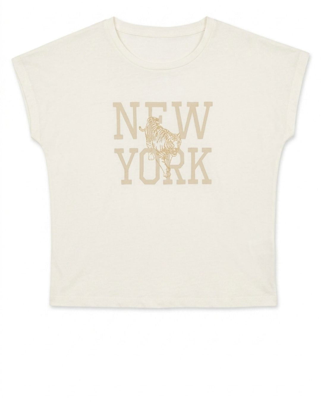 An off-white short-sleeve crop top featuring a distressed tan graphic that reads 'NEW YORK' with a rooster illustration in the center, displayed on a clean white background.