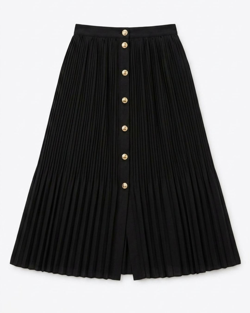 A black pleated A-line midi skirt with a front button closure featuring gold-tone buttons, shown flat against a light gray background.