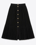 A black pleated A-line midi skirt with a front button closure featuring gold-tone buttons, shown flat against a light gray background.