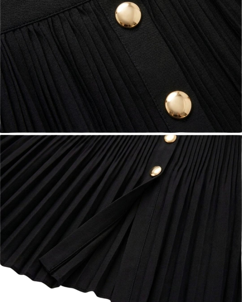 Close-up of a black pleated skirt with shiny gold-tone buttons and a matching black tie detail, shown in two detail panels.