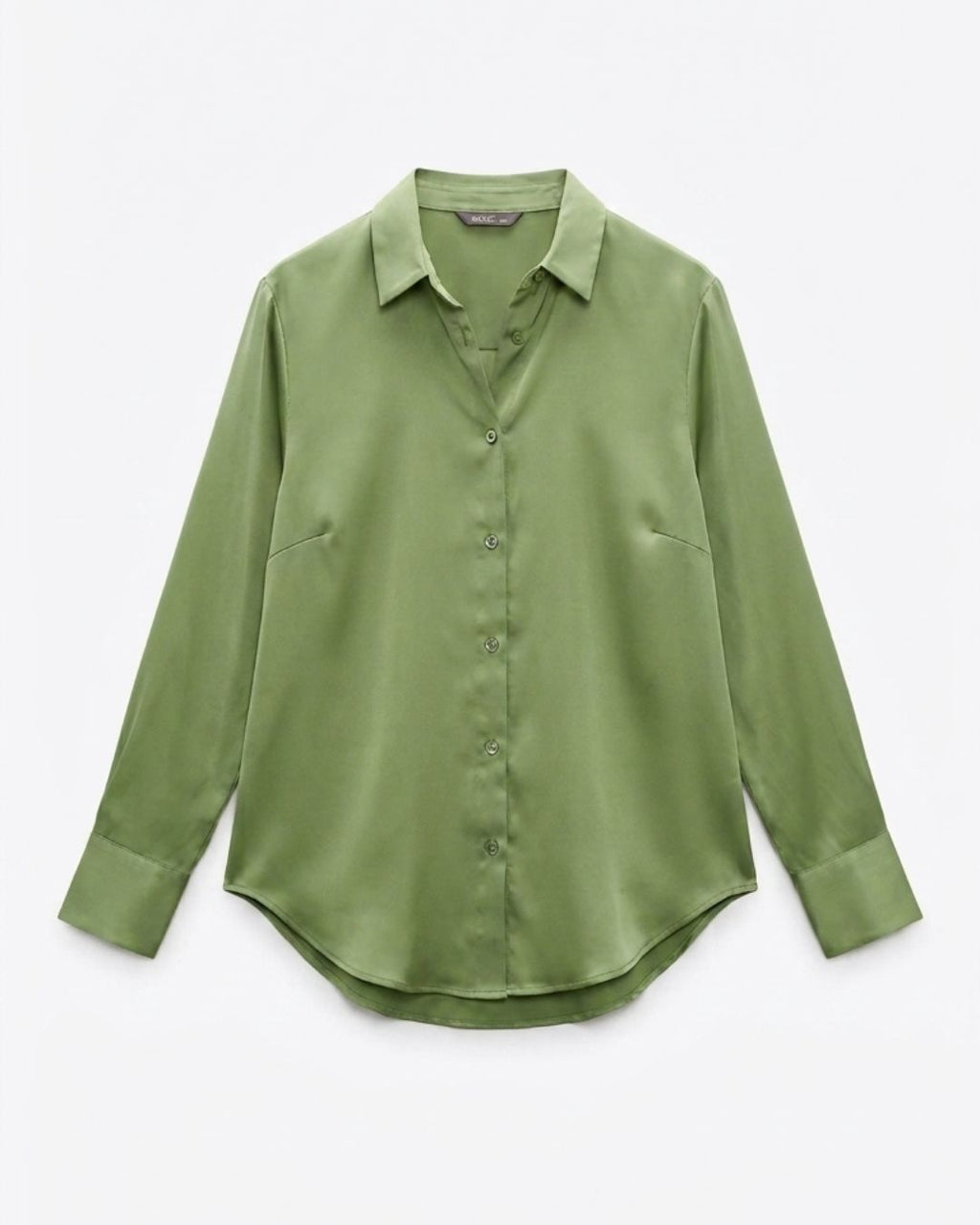 An olive green long-sleeve button-up shirt with a pointed collar, displayed flat against a light gray background.
