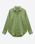 An olive green long-sleeve button-up shirt with a pointed collar, displayed flat against a light gray background.