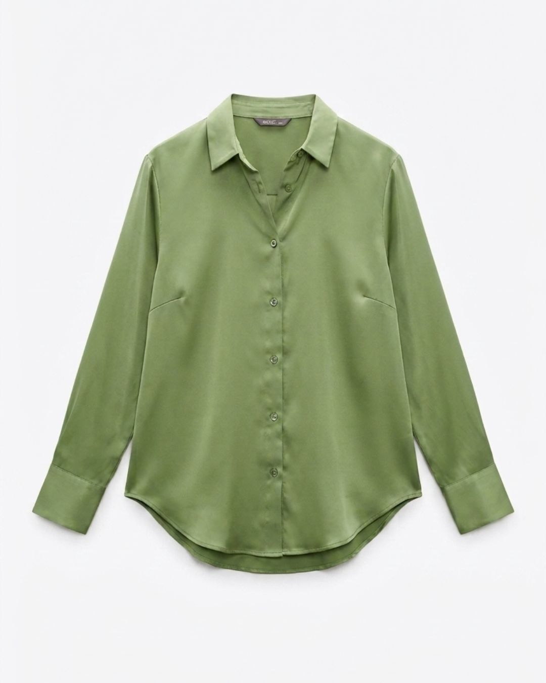 An olive green long-sleeve button-up shirt with a pointed collar, displayed flat against a light gray background.