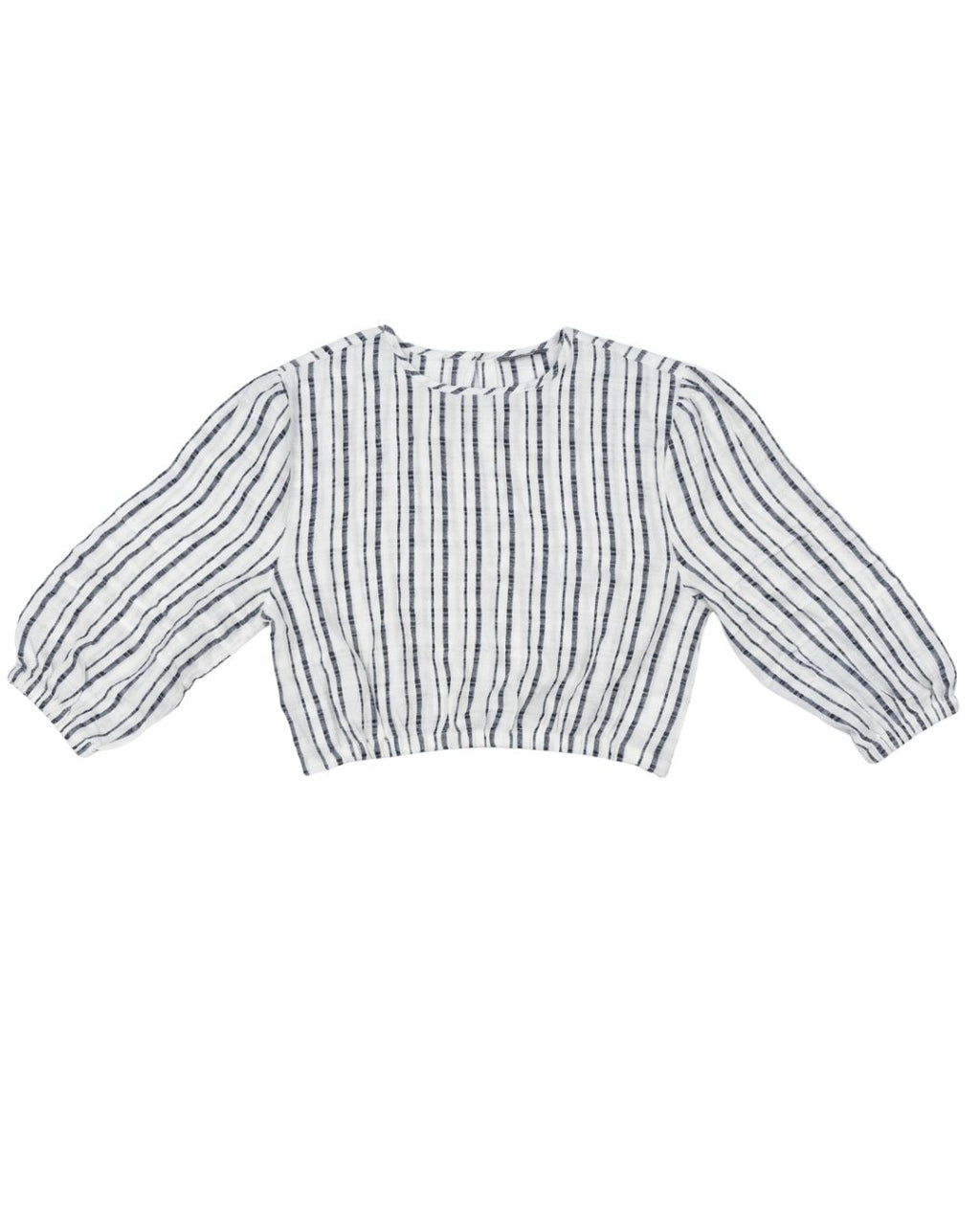 A long-sleeve cropped knit top with vertical black stripes on a white textured fabric, displayed flat against a plain white background.