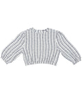A long-sleeve cropped knit top with vertical black stripes on a white textured fabric, displayed flat against a plain white background.