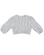 A long-sleeve cropped knit top with vertical black stripes on a white textured fabric, displayed flat against a plain white background.