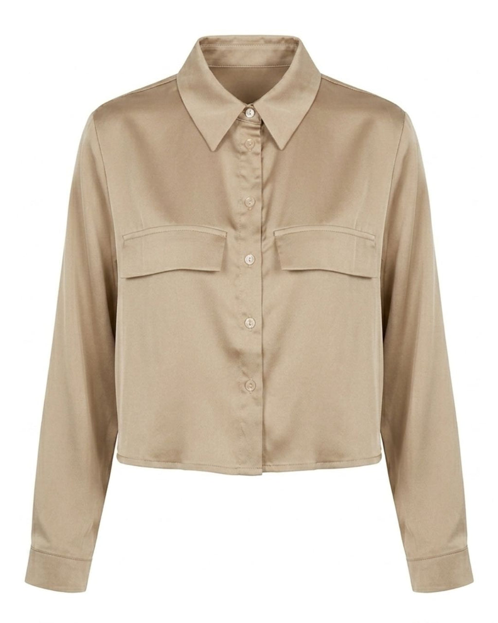 A cropped long-sleeve button-up shirt in a light beige or khaki color, featuring a pointed collar, button front, and two flap chest pockets, shown against a plain white background.