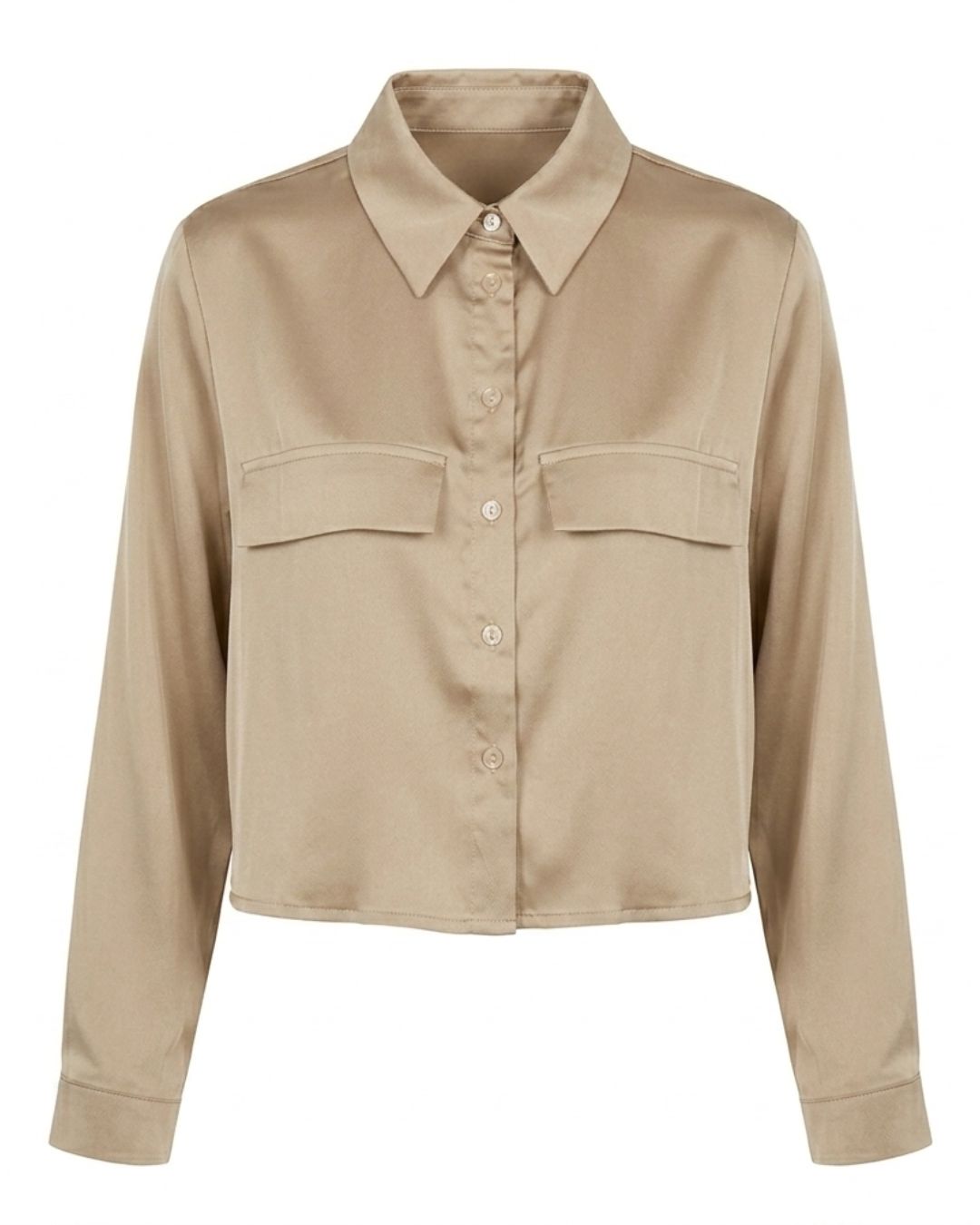 A cropped long-sleeve button-up shirt in a light beige or khaki color, featuring a pointed collar, button front, and two flap chest pockets, shown against a plain white background.