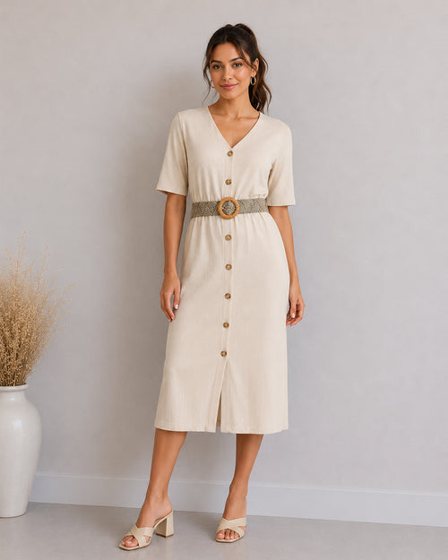 MAX beige button front midi dress with woven belt