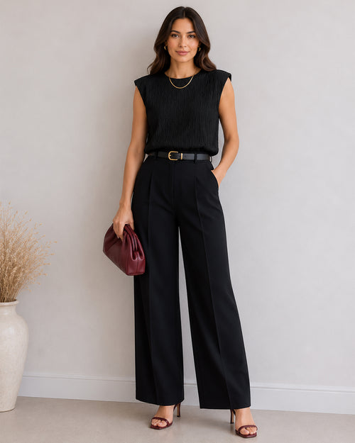 MAX black pleated textured sleeveless top for women with elegant crinkled design premium stock fashion KPT Egypt