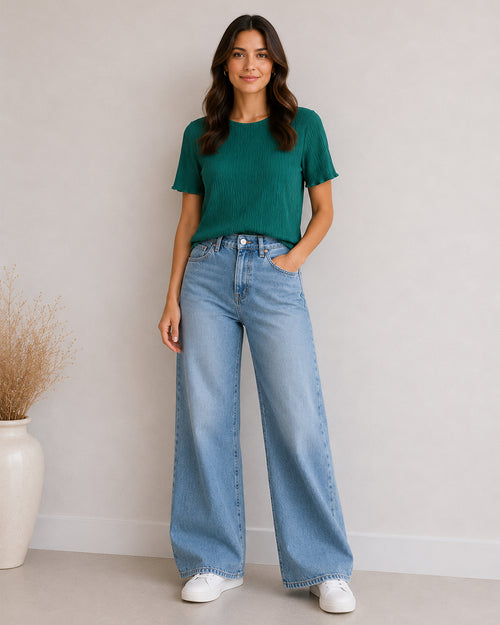 MAX emerald green textured polyester top for women with short sleeves premium stock fashion KPT Egypt