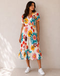 MAX colorful floral midi dress for women with vibrant flower print and V-neck design premium stock fashion KPT Egypt