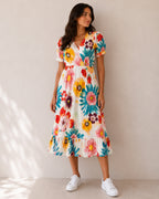 MAX colorful floral midi dress for women with vibrant flower print and V-neck design premium stock fashion KPT Egypt