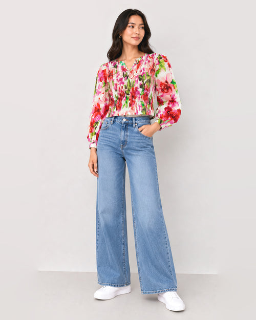 MAX pink floral smocked crop top for women with puff sleeves and square neckline premium stock fashion KPT Egypt