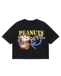 A black short-sleeve graphic T-shirt featuring a colorful Snoopy and Woodstock print with the text 'PEANUTS BFFS' in yellow and white graffiti-style lettering, shown on a plain white background.