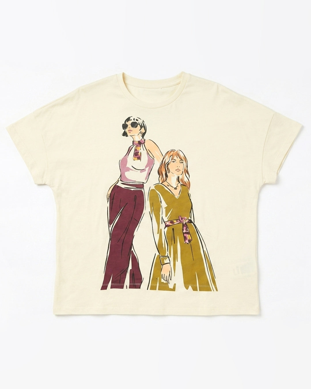 An off-white short-sleeve t-shirt featuring a graphic print of two retro-style illustrated women, one in a pink and maroon outfit and the other in a yellow-green dress, both wearing patterned neckties.