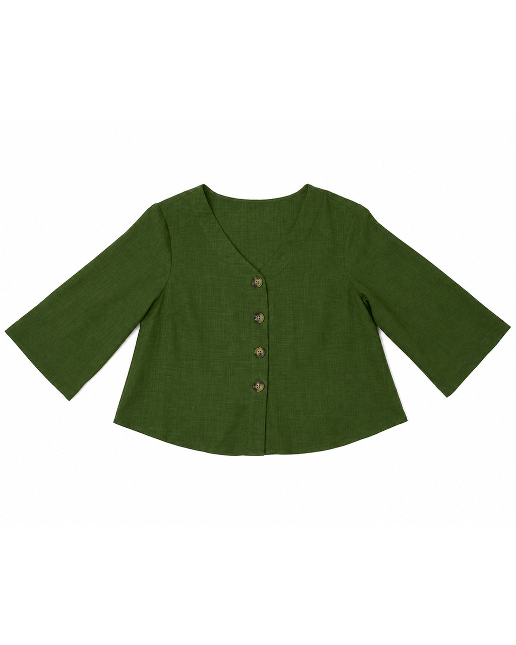 MAX olive green button front blouse for women with V-neck and three-quarter sleeves premium stock fashion KPT 