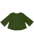 MAX olive green button front blouse for women with V-neck and three-quarter sleeves premium stock fashion KPT 