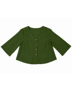 MAX olive green button front blouse for women with V-neck and three-quarter sleeves premium stock fashion KPT 