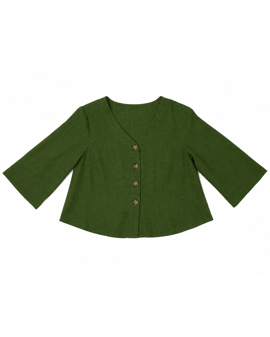 MAX olive green button front blouse for women with V-neck and three-quarter sleeves premium stock fashion KPT 