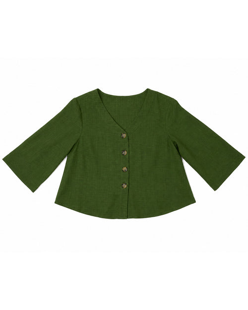 MAX olive green button front blouse for women with V-neck and three-quarter sleeves premium stock fashion KPT 