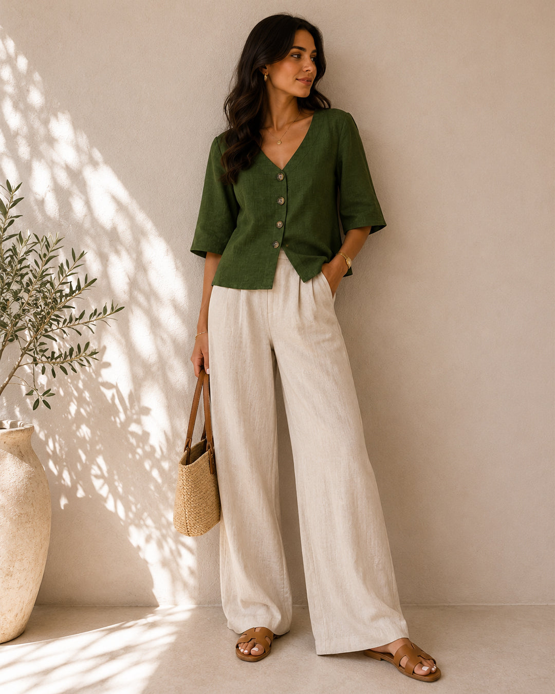 MAX olive green button front blouse for women with V-neck and three-quarter sleeves premium stock fashion KPT Egypt