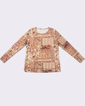 MAX paisley patchwork mesh top for women in beige and burgundy tones with long sleeves premium stock fashion KPT
