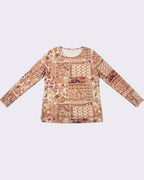 MAX paisley patchwork mesh top for women in beige and burgundy tones with long sleeves premium stock fashion KPT